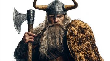 Ullr the Scandinavian god known for archery and hunting stands confidently with his axe and staff showcasing his majestic presence against a pure white backdrop. photo
