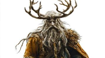 artwork depicts Ullr the Scandinavian god associated with winter and archery. His striking antlers and detailed clothing highlight his divine nature and connection to nature. photo