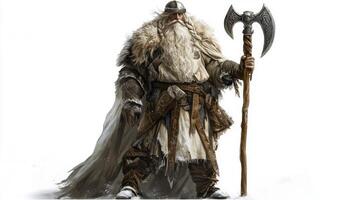 Ullr stands confidently on a white background embodying the Scandinavian god of winter and archery with his intricate attire and weaponry exuding strength and majesty. photo