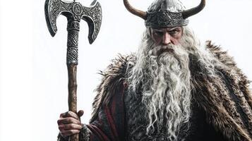Ullr the god associated with winter sports and hunting stands confidently with his axe showcasing traditional Scandinavian attire photo