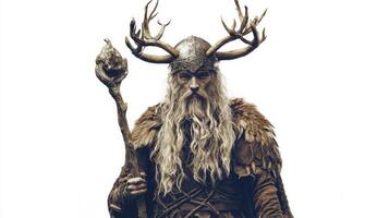 Ullr the Scandinavian god associated with archery and winter stands confidently with an intricately detailed antlered helmet and a staff. His long hair and fur attire emphasize his divine strength. photo