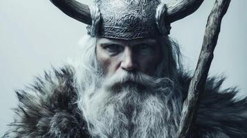 Ullr stands confidently with a long white beard and a horned helmet adorned in fur and wielding a wooden staff against a plain background. His expression reflects the power of the winter elements. photo