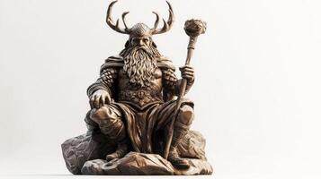 Scandinavian god Ve is depicted sitting on rock with staff surrounded by an aura of power and majesty emphasizing his divine presence and intricate features. photo