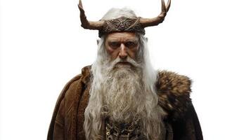 depiction showcases the Scandinavian god Ve characterized by his long beard antlered crown and striking traditional attire creating an imposing presence against a white backdrop. photo