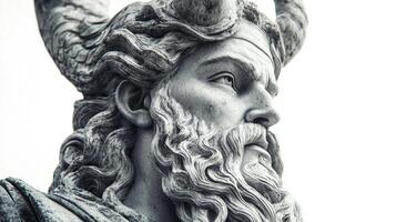sculpture presents Ve a prominent Scandinavian god with intricate details highlighting his majestic horns and expressive facial features set against a plain white backdrop. photo