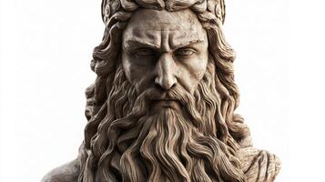 sculpture captures the essence of Ve showcasing his detailed facial features and majestic expression. The artwork highlights the rich texture of his long hair and beard. photo