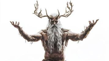Majestically the Scandinavian god Ve showcases his imposing presence with outstretched arms and antlers symbolizing strength and divinity in a striking composition. photo