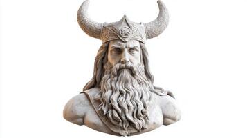 This artwork depicts Vidar a prominent Scandinavian god showcasing his majestic horns and flowing beard set against a clean white backdrop to highlight intricate details. photo