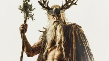 powerful figure of the Scandinavian god Ve highlighting his majestic antlers and staff symbolizing his divine attributes and strength. photo