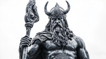 striking representation of Ve the Scandinavian god showcases his powerful presence. Clad in intricate armor he holds a majestic staff embodying strength and authority. photo