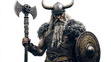 The Scandinavian god Vidar stands confidently displaying his strength with a detailed axe and shield. His fierce expression and ornate armor highlight his legendary status. photo