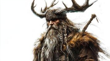 powerful representation of Vidar the Scandinavian god of vengeance displays a fierce demeanor with majestic antlers conveying a strong connection to ancient Norse mythology. photo
