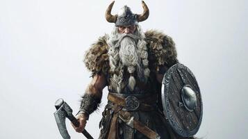 Vidar stands imposingly clad in fur and armor wielding a mighty axe and shield. His fierce expression and horned helmet exemplify his role as a powerful deity of vengeance in Scandinavian mythology. photo