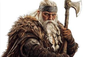 Vidar the Scandinavian god stands prominently with a fierce expression. Clad in rugged attire he holds a battle axe embodying the essence of strength and valor. photo