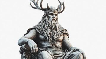 A striking representation of Vili one of the Scandinavian gods featuring his imposing figure antlers and intricately detailed facial features in a serene setting. photo