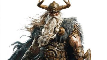 Scandinavian god Vili stands confidently with majestic horns and intricate armor embodying strength and mythology in a realistic artistic portrayal. photo