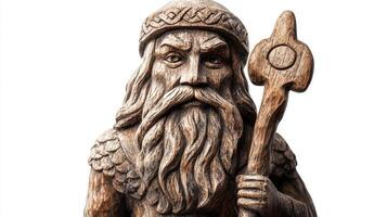powerful figure of Vili a key Scandinavian god showcases intricate wood carved features and holding a staff embodying divine authority and ancient mythology. photo