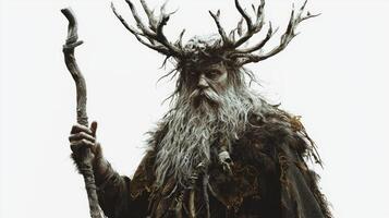 Vili a significant figure in Scandinavian mythology is depicted with flowing hair majestic antlers and a staff showcasing his connection to nature and the divine. photo