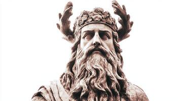 figure Vili a Scandinavian god stands confidently with antlers on his crown and a powerful expression embodying strength and heritage in a neutral setting. photo