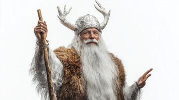 Vili prominent figure in Scandinavian mythology is depicted with rich beard adorned in fur and horned crown embodying power and wisdom in this realistic representation. photo