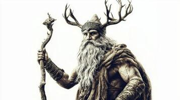 Vili a significant figure in Scandinavian mythology standing tall with a staff. His majestic antlers and beard symbolize wisdom and strength. photo