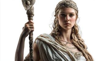 Freia Scandinavian goddess love and beauty stands elegantly with a staff showcasing her intricate attire and striking features against plain backdrop evoking mythology and strength. photo