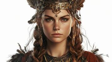 Freia the Scandinavian goddess of love and beauty is portrayed with striking realism. Her elaborate adornments and fierce expression convey her powerful presence in mythology. photo