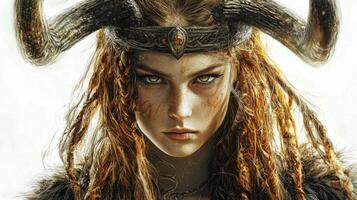 Freia the Scandinavian goddess of love and fertility displays fierce beauty with horned adornments and captivating eyes emphasizing her divine allure in a realistic depiction. photo