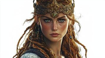 detailed representation of Freia the Scandinavian goddess showcasing her captivating beauty and rich cultural symbolism. Set against a pure white background. photo