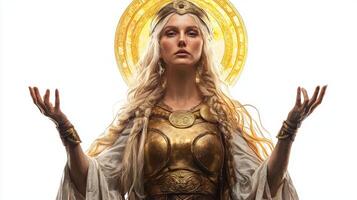 Freia revered Scandinavian goddess is depicted with flowing hair and adorned in golden armor exuding an aura of power and grace inviting admiration and reverence. photo