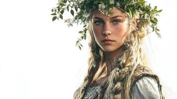 stunning depiction of Freia Scandinavian goddess features flowing hair adorned with flowers. She exudes both strength and beauty in this timeless representation. photo