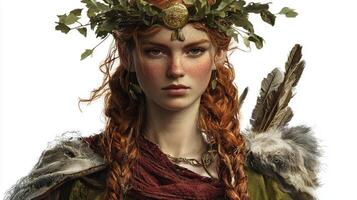 The Scandinavian goddess Freia is portrayed with intricate braids and a crown of leaves embodying beauty and strength. She stands confidently surrounded by symbols of nature. photo