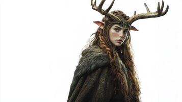Freia the Scandinavian goddess of love and fertility elegantly adorned with antlers and wearing a detailed cloak conveying strength and beauty. photo