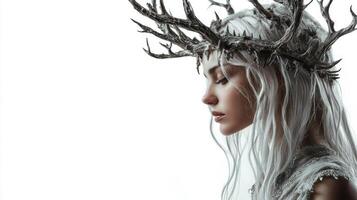 Freia the iconic Scandinavian goddess adorned with an antler crown. Her ethereal beauty radiates strength and grace capturing timeless mythology. photo