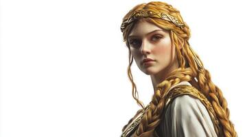 Freia goddess of love and fertility in Scandinavian mythology depicted with flowing hair and intricate attire emphasizing her elegance and strength in a serene setting. photo