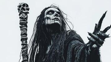 Hel the Scandinavian goddess stands tall in dark robes gripping a staff made of bones. Her haunting presence creates a striking contrast against the white background. photo