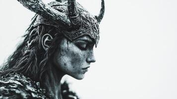 realistic depiction of the Scandinavian goddess Hel showcases her fierce expression and elaborate headdress highlighting the mythological essence of her character. photo