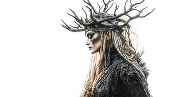 portrayal features the goddess Hel from Scandinavian mythology showcasing her ominous appearance with elaborate antlers and dark attire emanating a mystical aura. photo