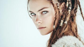 stunning representation of the Scandinavian goddess Hel with striking features and intricately braided hair. She embodies strength and mystery in a purely white setting. photo
