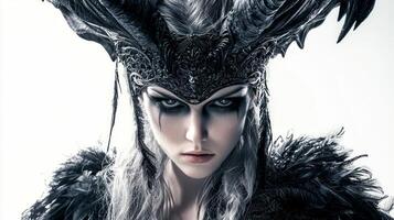 striking representation Scandinavian goddess Hel showcasing her detailed horned headdress and dark attire set against a clean white backdrop emphasizing her fierce presence. photo