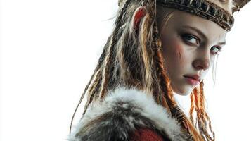 artwork depicts the Scandinavian goddess Hel showcasing her intense gaze and striking appearance. The intricate details highlight her connection to mythology and power. photo