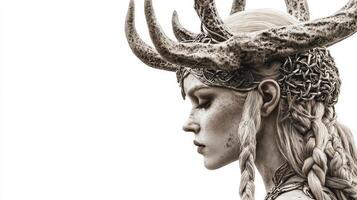 Scandinavian goddess Hel is portrayed with beautifully detailed antlers and a fierce captivating expression showcasing her divine presence and mystique. photo