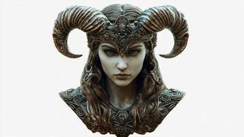artwork features a detailed representation of Hel the Scandinavian goddess showcasing her striking horns and ornate headdress emphasizing her mystique. photo