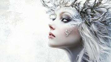 captivating representation Hel Scandinavian goddess highlights her enchanting features adorned with frost and delicate antler like accessories evoking a sense of intrigue and allure. photo