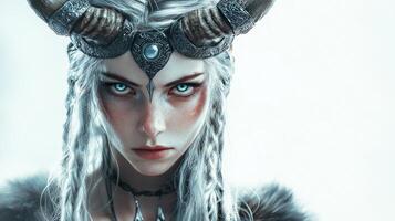 Hel the Scandinavian goddess with piercing blue eyes and a striking horned crown. Her intense gaze and detailed features convey power and mystique in a minimalistic setting. photo