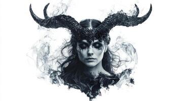 Hel the Scandinavian goddess associated with the underworld featuring her detailed horned crown and ethereal expression embodying a powerful aura. photo