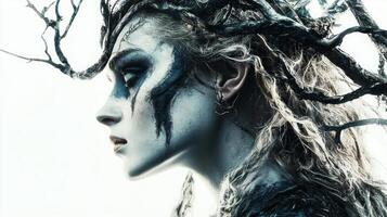 depiction of Hel goddess of death in Scandinavian mythology highlights her ethereal beauty with intricate details and a haunting expression embodying her powerful presence. photo