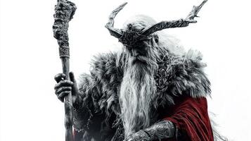 This artwork showcases Chernobog the Slavic god of darkness highlighting his imposing figure and intricate details set against a stark white backdrop. photo