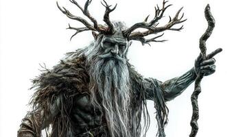 This artwork features Chernobog the Slavic deity symbolizing darkness depicted with intricate details including antlers and a staff emphasizing his mythical presence. photo