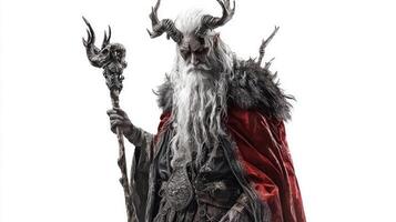 The Slavic god Chernobog stands tall and imposing with a twisted staff adorned in dark intricate clothing with a long flowing beard embodying elements of shadow and mystery. photo